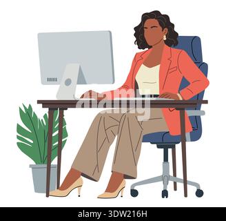 Business woman working at computer desk in office Stock Vector