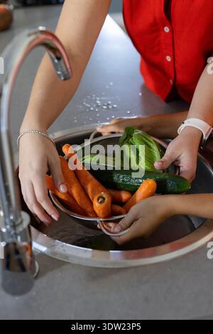 Two females, adult in red top, holding rinsing colander of carrots cucumber romaine at sink Stock Photo