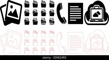 Black vector icon set featuring church and old building symbols with alphabet letters numbers zodiac signs and musical design elements Stock Vector