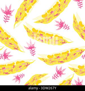 yellow bean pods with pink flowers seamless pattern. yellow bean pods with pink striations vector seamless pattern. Good for textile, fabric. Stock Vector