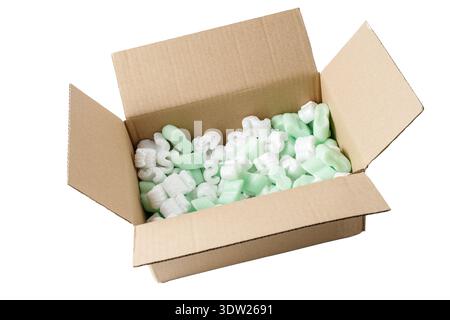 Open cardboard box with packing foam isolated on white background. Stock Photo