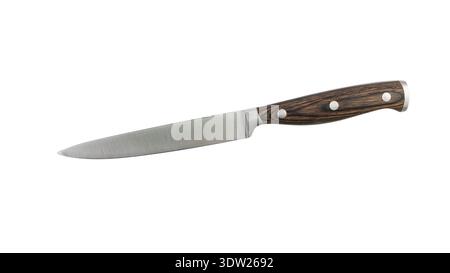 Sharp versatile knife from chrome molybdenum vanadium stainless steel with wooden handle isolated on white background. Stock Photo