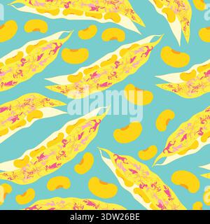 yellow colored with pink textured bean pods seamless pattern. Good for textile, fabric, wrapping, decoration, clothing, printable, product packaging. Stock Vector