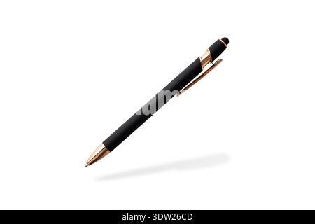 Black matte pen flying isolated on white background. Metallic ball pen with shadow. Mockup pen Stock Photo