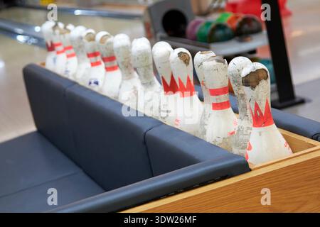 row of broken ten pin bowling pins as decoration in bowling alley maspalomas gran canaria, canary islands, spain Stock Photo