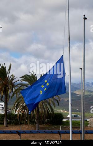 eu flag flying at half mast half staff gran canaria, canary islands, spain Stock Photo