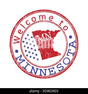Welcome to Minnesota. A worn stamp with a silhouette of the state and an abbreviated designation. Print impression, a template for creative design Stock Vector