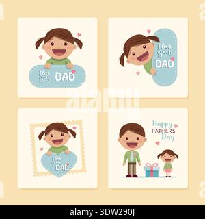 Set of illustrations of a girl congratulating her father on Fathers Day. Vector illustration Stock Vector