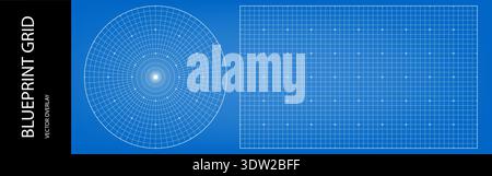Drawing blueprint bg with circular compass, linear meter paper vector. Round grid and lined paper mesh, textured radar print. Architectural plan Stock Vector
