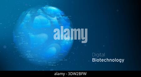 Abstract blue Virus Cell Cyber Technology illustration. Pathogen digital biotechnology futuristic concept. Biology innovative research backdrop. Stock Vector