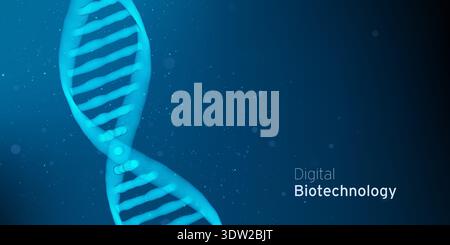 Abstract blue DNA molecule, double helix Technology illustration. Gene digital biotechnology futuristic concept. Biology genetic research backdrop. Stock Vector