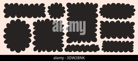 Organic wavy shape frames with soft zigzag edges in bold black silhouettes. Playful rectangle doodle forms for text blocks, labels and expressive Stock Vector