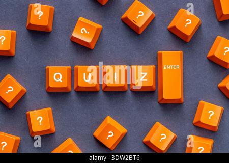 Online quiz. The word "QUIZ" on the computer keyboard buttons. Enter and question marks. An invitation to play. I know the answer. Fun, entertainment, Stock Photo