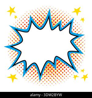 Comic blank starburst shape with bold blue outline with halftone background and yellow stars, retro pop art vector style. Empty burst sticker with Stock Vector