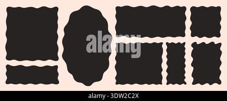 Organic wavy shape frame set with hand drawn rectangle doodle forms and soft zigzag edges in bold black silhouette. Playful text box collection for Stock Vector