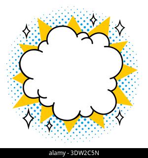 Comic cloud speech bubble with yellow starburst rays and blue halftone dots in retro pop art vector style. Cloud bubble and starburst shape. Perfect Stock Vector