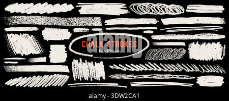 Chalk highlight strokes and scribble boxes in white on black background with rough textured lines. Chalk highlight elements with dusty hand drawn Stock Vector