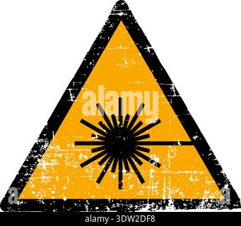 Vector illustration of a laser beam hazard sign with a grunge texture. Worn scratched yellow triangle symbol showing radiating light isolated on white Stock Vector