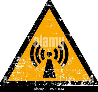 Vector illustration of a non ionizing radiation hazard sign with a grunge texture. Worn scratched yellow triangle symbol showing electromagnetic waves Stock Vector