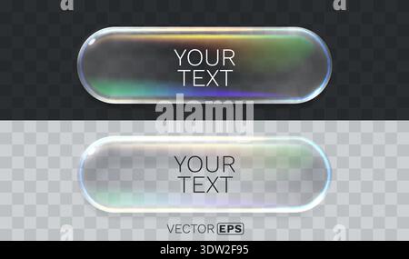 Stylish transparent glass button with a beautiful iridescent sheen, perfect for web design or UI elements. Vector illustration Stock Vector