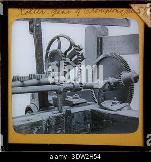 John H Crabtree (1863–1924) documented the mechanical components of Samuel Crompton’s spinning mule, a key invention in the industrial revolution. This lantern slide shows the roller-gear mechanism, which played a crucial role in the production of textiles. The image is part of Crabtree's educational collection on the cotton industry and early industrial machinery. Stock Photo