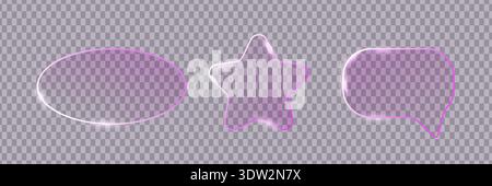Glass frames. Futuristic glowing pink elements glassmorphism transparent effect. Vector glossy neon illuminated frame set. Stock Vector