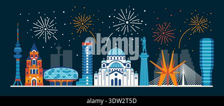 Festive Belgrade Skyline with Serbian Landmarks Stock Vector