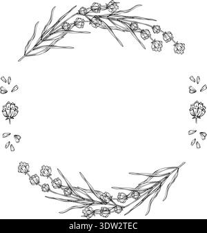 Lavender vector floral frame line art. hand drawn botanical border with lavender branches and flowers, minimal outline design for wedding invitation Stock Vector
