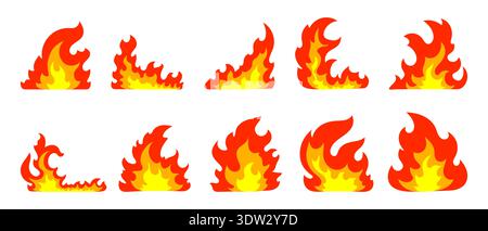 Fire flames cartoon flat clip art set, bright flames of different shapes design, Hot fireballs Stock Vector