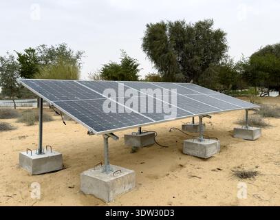 Solar panels in desert landscape, providing clean energy in off-grid natural areas. Concept of sustainability innovation Stock Photo