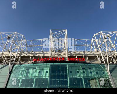 MANCHESTER, ENGLAND: FEBRUARY 17, 2026: Close up of Manchester United red lettering on East Stand at Old Trafford Stock Photo