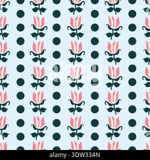 Seamless vertical pattern with softly arranged flowers and polka dot lines in a repeating layout. Good for fabric, textile, wrapping, decoration Stock Vector