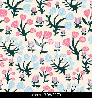 Cream background abstract pattern with pink and blue roses, silvered tree details, pink horned branches, and tie-dye petals, perfect for textiles. Stock Vector