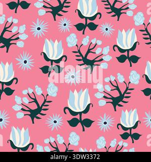 Abstract tree pattern with rose-like blue flowers and vanilla blooms on a soft pink background, scattered with tiny blue roses, creating a whimsical, Stock Vector