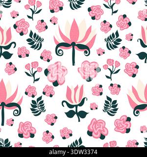 pink colored rose shaped abstract flowers with green leafy branches and large textured flower seamless pattern. Good for tiles, fabric, decoration. Stock Vector
