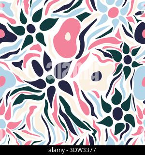 Abstract flowers and deformed shaped with pink, green and blue pastel colors seamless pattern design. Abstract hand drawn pastel color repeat pattern. Stock Vector