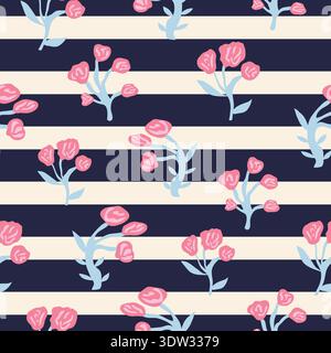Abstract roses on black stripes over a bright yellow background, creating a bold, modern, hand-drawn floral pattern perfect for textiles, wallpapers, Stock Vector