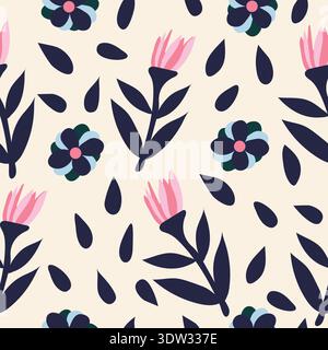 Navy blue branch with pink flower and small leaves on a bright yellow background, creating a whimsical, hand-drawn floral pattern perfect for textiles Stock Vector