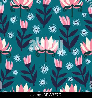 Navy blue floral pattern with pink, yellow, and small blue flowers on branches. Perfect for textiles, stationery, home decor, wrapping paper. Stock Vector