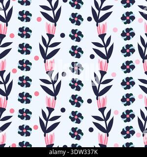 Seamless pattern featuring vertical striped floral arrangements with large branching flowers, rounded blue blooms, and scattered polka dots. Stock Vector