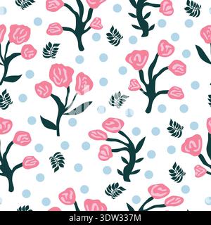 rose like small pink flowers with green branch with green leafy branches and blue polka dots seamless pattern. Use for fabric, textile prints and more Stock Vector