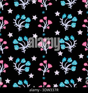 Seamless pattern with abstract rose flowers in pink and blue tones, scattered stars, and a deep black background. Good for fabric, textile and more. Stock Vector