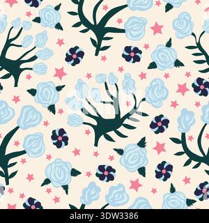 blue abstract rose like flowers with navy blue small flowers and pink stars on yellow background seamless pattern. good for textile, fabric and decor. Stock Vector