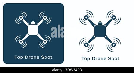 Stylized quadcopter drone logo design with motion lines on dark and light backgrounds. Stock Vector