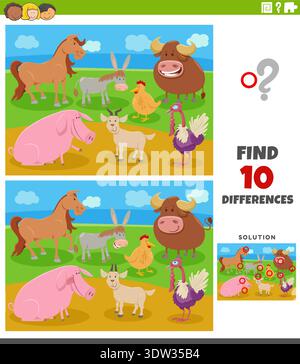 Cartoon illustration of finding the differences between pictures educational task with farm animal characters group Stock Vector