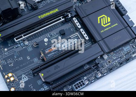 Sarajevo, Bosnia and Herzegovina – February 13, 2026: Samsung 970 evo plus nvme m2 ssd installed on MSI tomahawk motherboard during custom desktop com Stock Photo