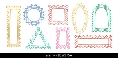 Bright color checkered line pattern wavy, zigzag edges geometric shapes, figures. Cute squiggle frames. Groovy vector frameworks, arch, circle. Stock Vector