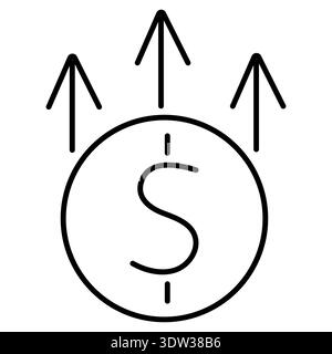 Active dollar growth. Coin with dollar sign and three arrows up. Positive changes on financial market. Linear vector illustration. Stock Vector