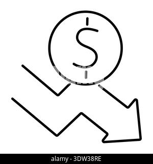 Dollar fall. Inflation concept. Currency devaluation. Coin with dollar sign, chart going down. Linear vector illustration. Stock Vector