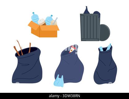 Set of garbage cleaning elements. Large black bags, bin, box with various trash. Doodle vector illustration for waste managemen. Stock Vector